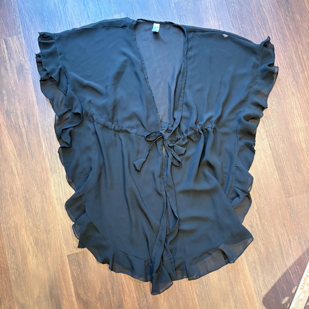 Whimsigoth Layering Sheer Chiffon Flutter Sleeve Kimono Duster Black One Size